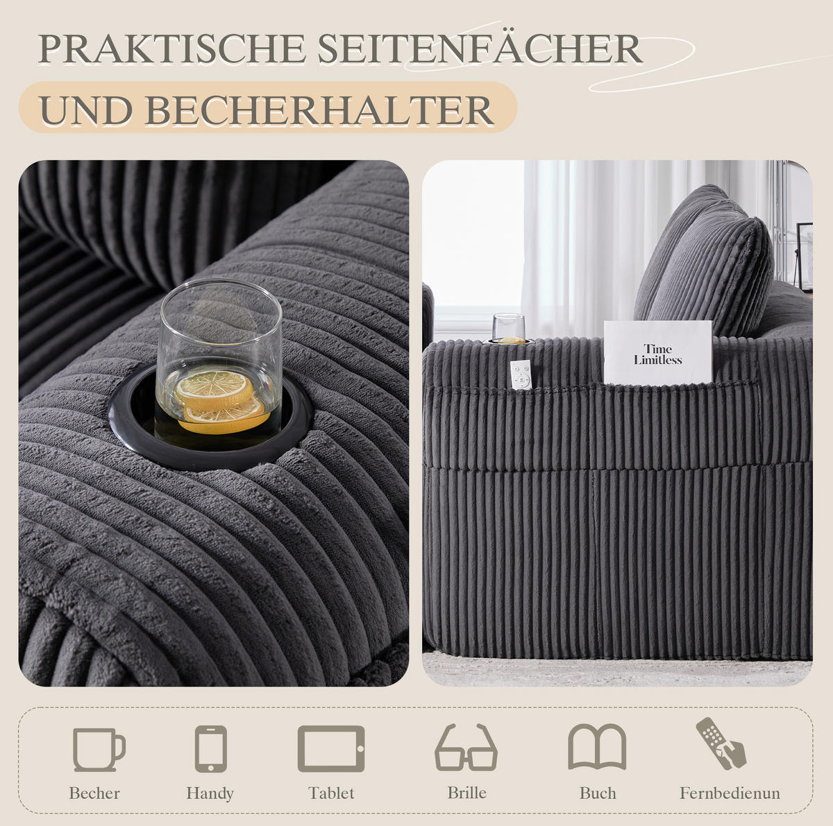 POHOVKA 158/93/61 cm tmavě šedá z manšestru s bočními kapsami a držáky nápojů - tmavě šedá, textil (93/61/158cm) - OKWISH