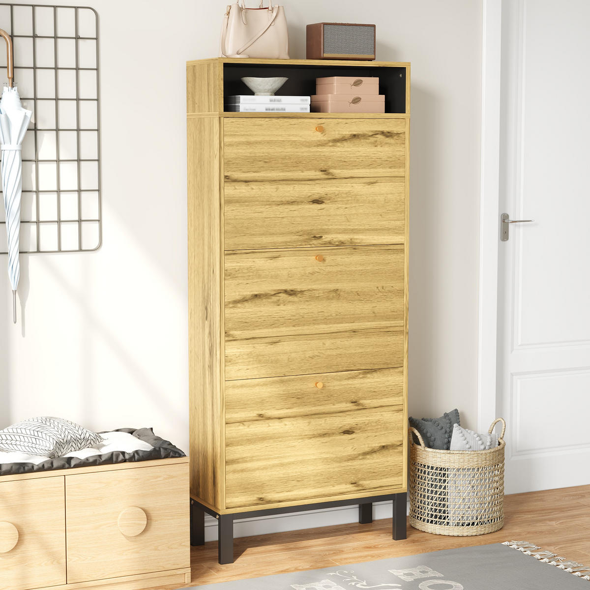 SCHUHSCHRANK hoch schmal 3 Klappen 147 cm - Naturfarben, Holz (63/147/24cm) - LEBENLANG