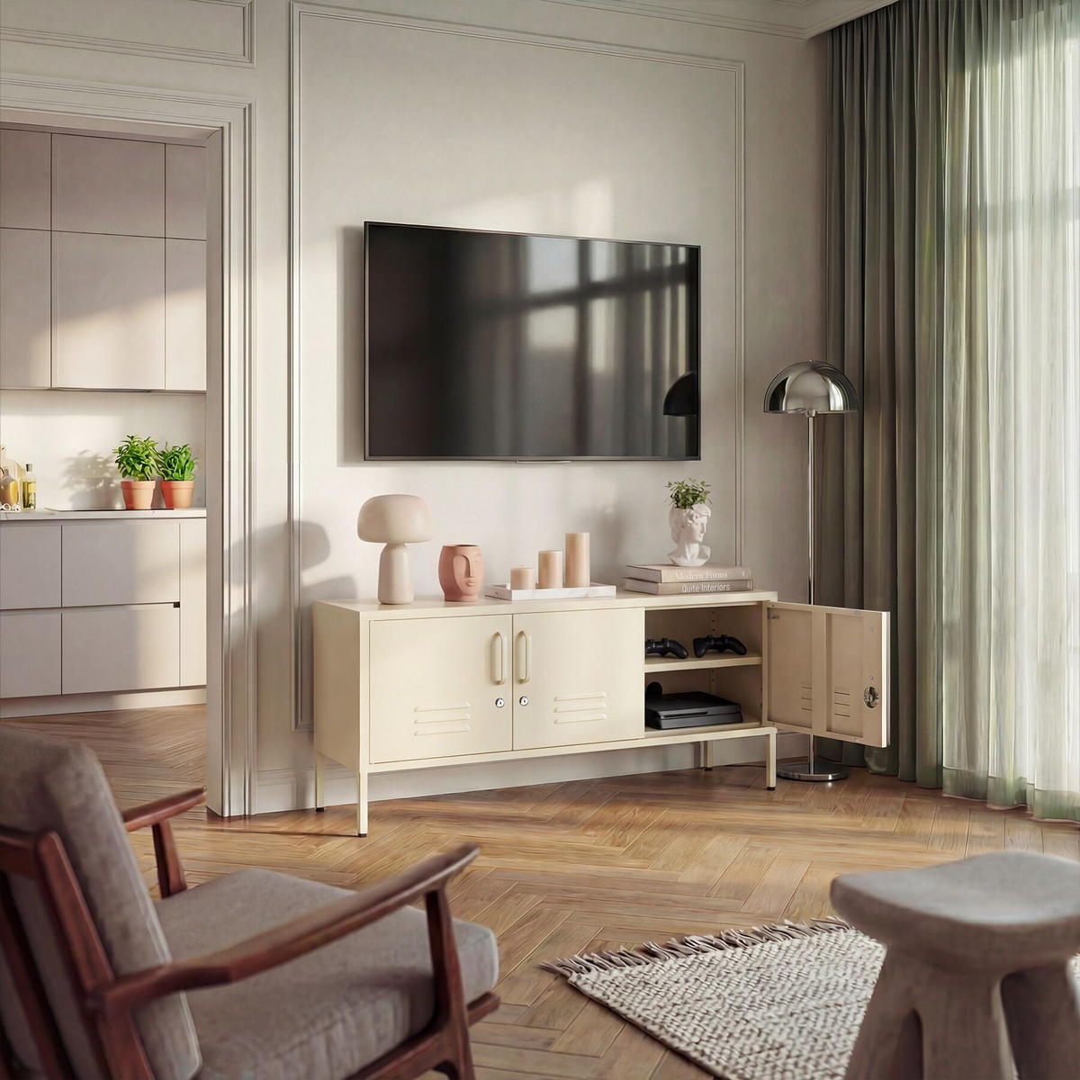 SIDEBOARD Baker, Kippschutz, höhenverstellbare Füße, creme - Creme, Metall (120/55.5/37.5cm) - tectake
