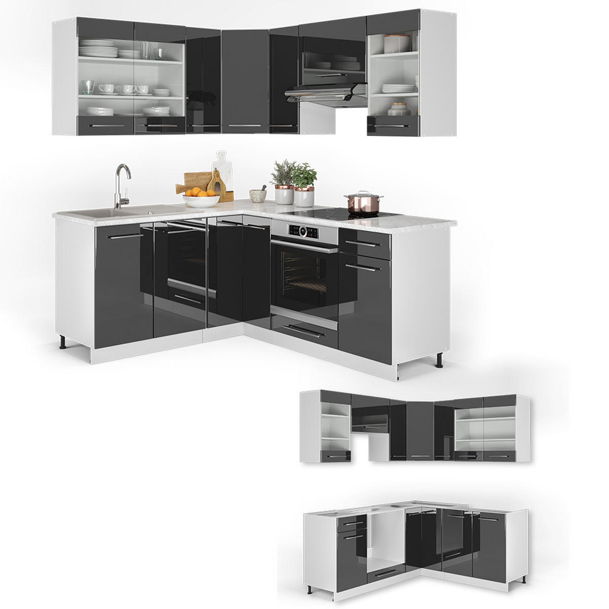 ECKKÜCHE Fame-Line Anthrazit Hochglanz 160 x 60 cm ohne AP - Schwarz Hochglanz/Anthrazit, Holzwerkstoff (190/81.6/46cm) - Vicco