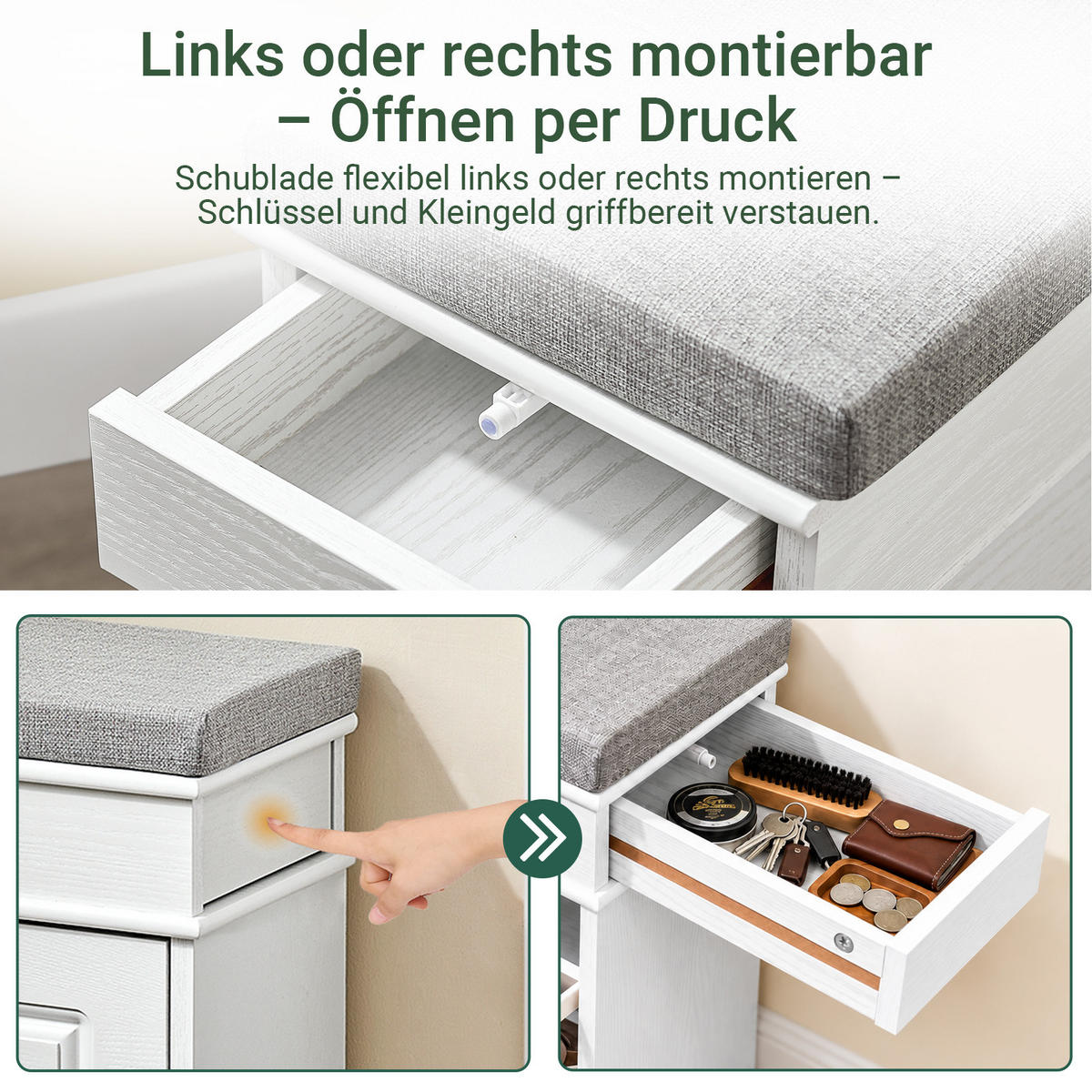 SCHUHBANK Weiß, 61x24 cm, graues Polster, Druckauszug, 4 Paar, bis 150 kg - Weiß, Holzwerkstoff (61/51/24cm) - SoBuy