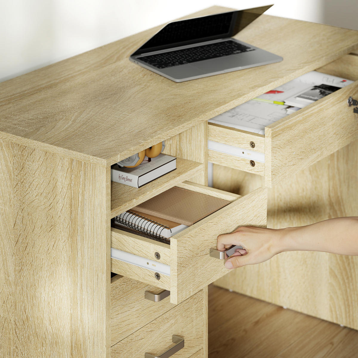 SCHREIBTISCH DE-14920 5 Schubladen mit abschließbarem Fach Eiche - Eichefarben, Holzwerkstoff (110/50/76cm) - ComfortXL
