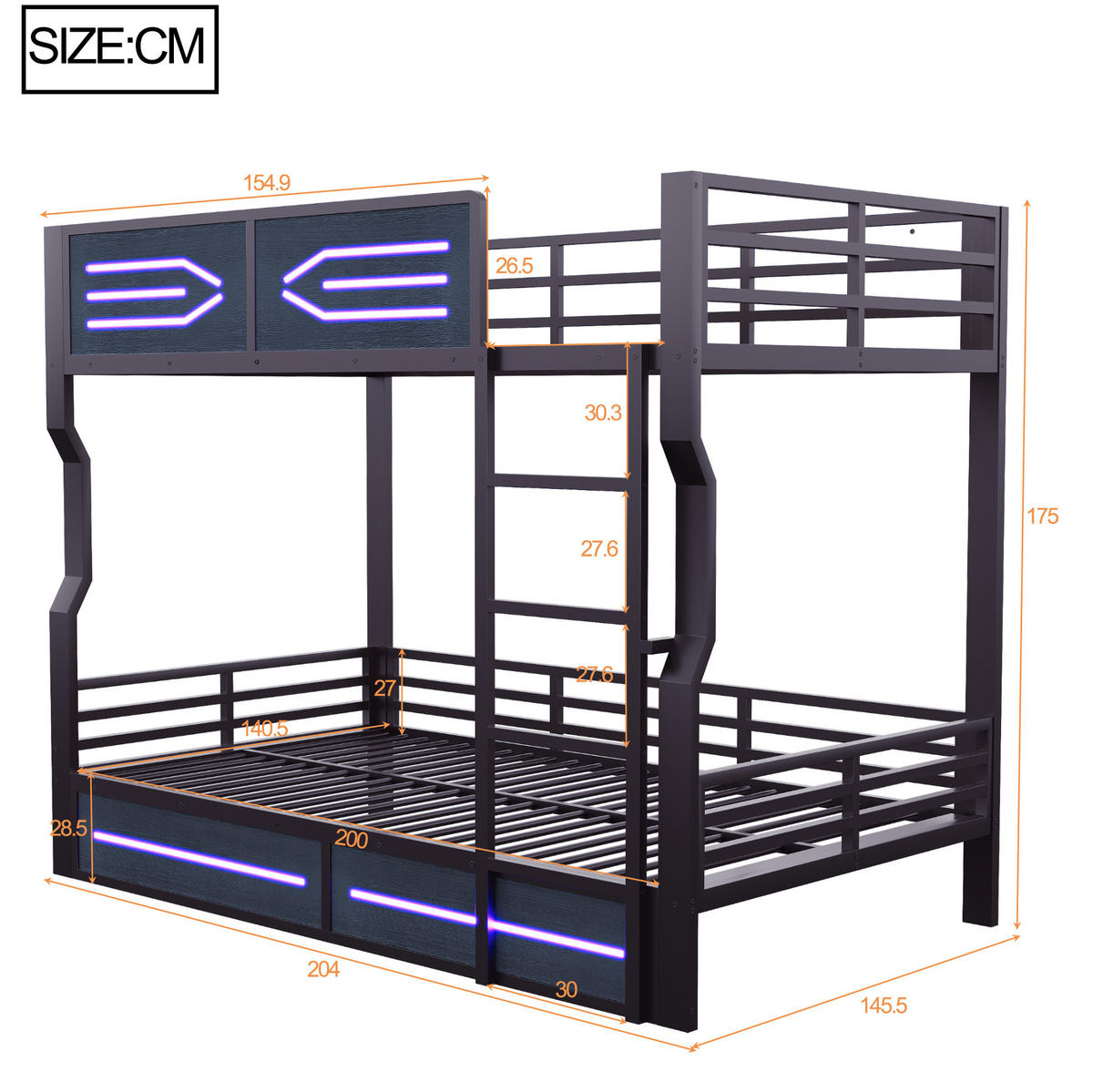 ETAGENBETT Metall & MDF 140x200 cm Schwarz mit LED-Beleuchtung und Treppe - Schwarz, Holzwerkstoff (140/200cm) - Modfu