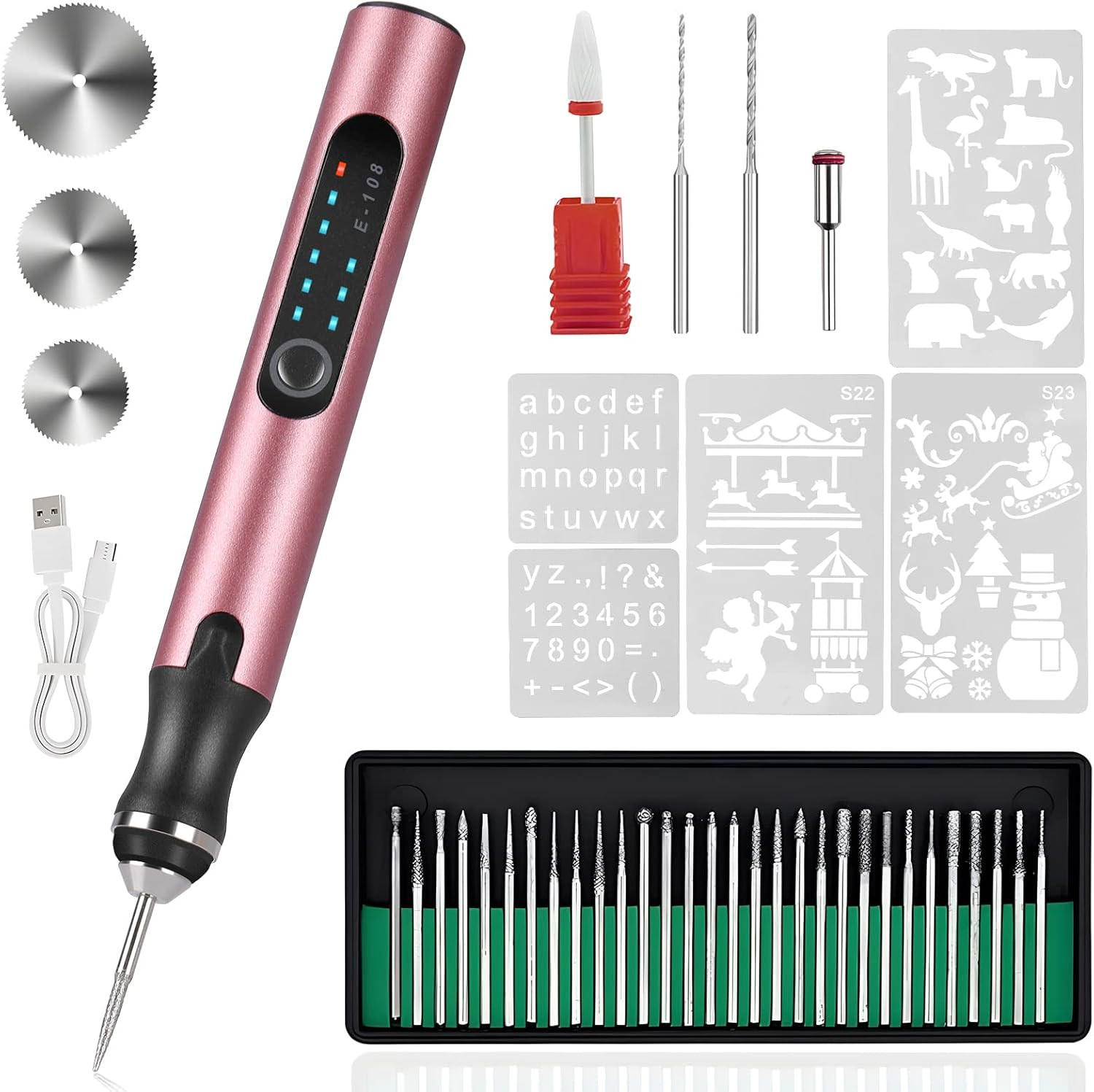 GRAVIERSTIFT – USB-wiederaufladbares Gravierwerkzeug-Set – Enthält 37 Spitzen und 5 Muster (Roségold) - Rot, Metall (21/14/4cm)