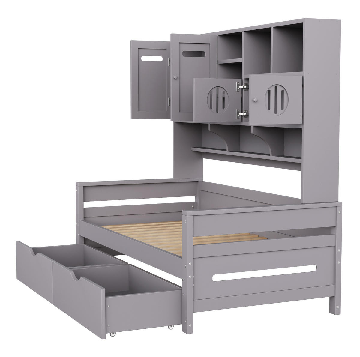 BETT 90/200 cm Grau mit Stauraum und Schubladen aus Holz - Grau, Holz (90/200cm) - Flora Grace