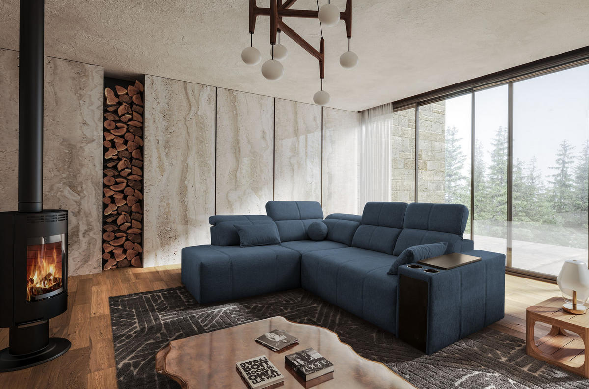 ECKSOFA Mindy VII mit Schlaffunktion und verstellbarer Rückenlehne, Stoff Verita Blau Links - Blau, Holz/Textil (230/288cm) - Kaiser Möbel
