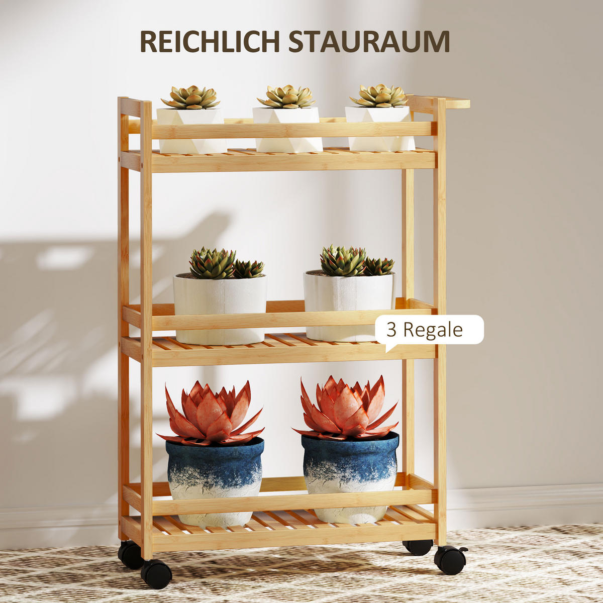 SERVIERWAGEN aus Bambus, 3-stöckiger, 55 x 20 x 75 cm, Naturholz - Naturfarben, Naturmaterialien (20/75/55cm) - HOMCOM