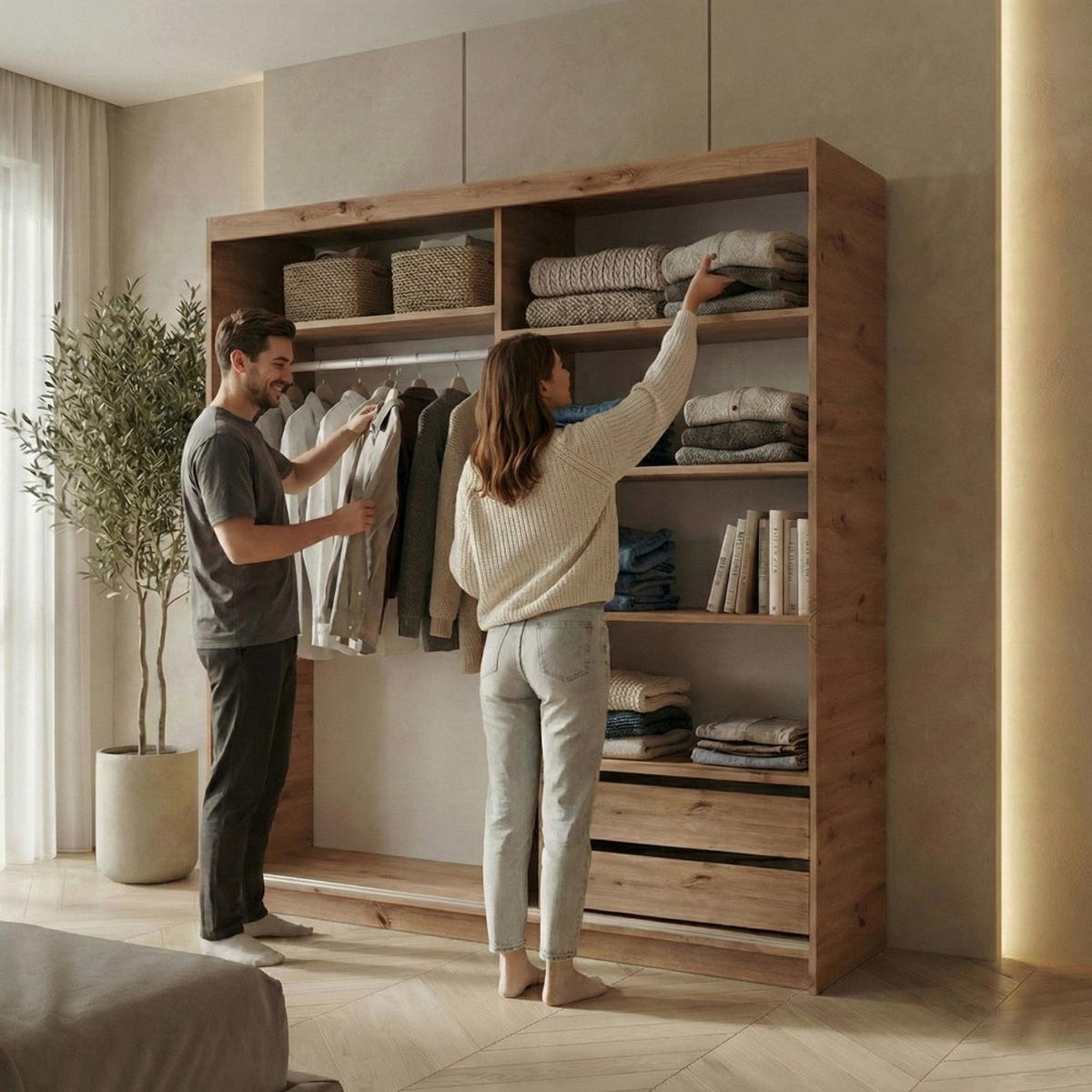 SCHWEBETÜRENSCHRANK Hela 180/205/60 2-türig eiche Artisan/schwarz mit Schubladen - Schwarz/Eiche Artisan, Holzwerkstoff (180/205/60cm) - Beautysofa