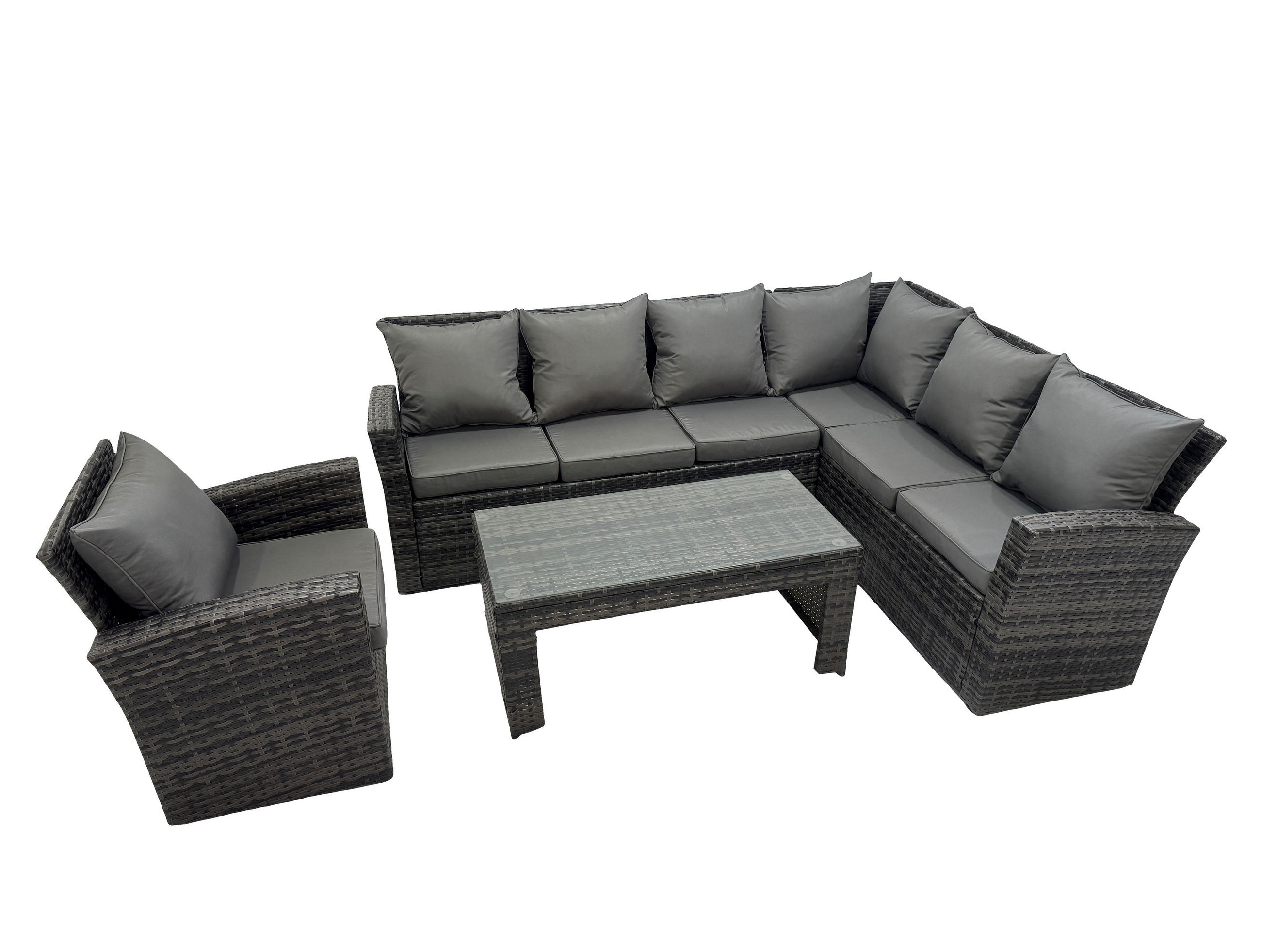 LOUNGEGARNITUR mit Couchtisch Sofa Polyrattan Dunkelgrau 7-Sitzer - Dunkelgrau/Grau, Glas/Kunststoff - Fimous