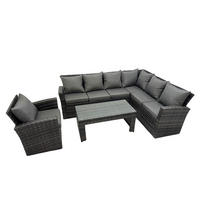LOUNGEGARNITUR mit Couchtisch Sofa Polyrattan Dunkelgrau 7-Sitzer - Dunkelgrau/Grau, Glas/Kunststoff - Fimous