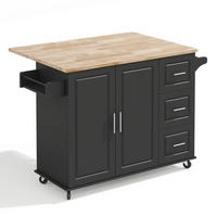 KÜCHENINSEL 137x76x92cm Schwarz mit Klappplatte, Schrank, 3 Schubladen & Rollen - Schwarz, Holzwerkstoff (137/92/76cm) - Modfu