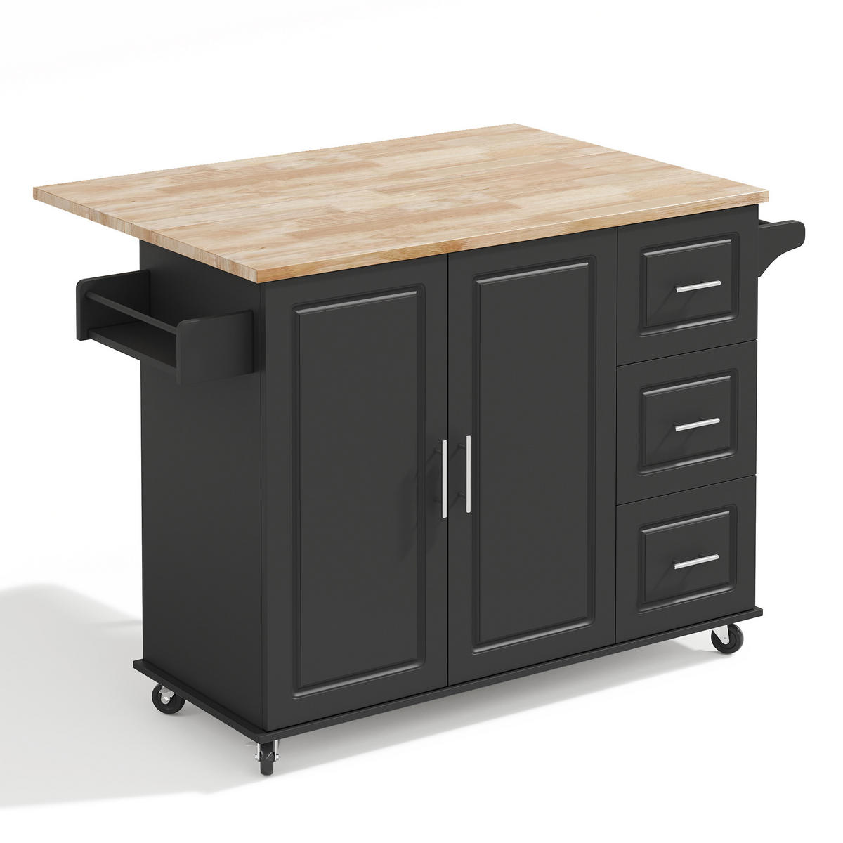 KÜCHENINSEL 137x76x92cm Schwarz mit Klappplatte, Schrank, 3 Schubladen & Rollen - Schwarz, Holzwerkstoff (137/92/76cm) - Modfu