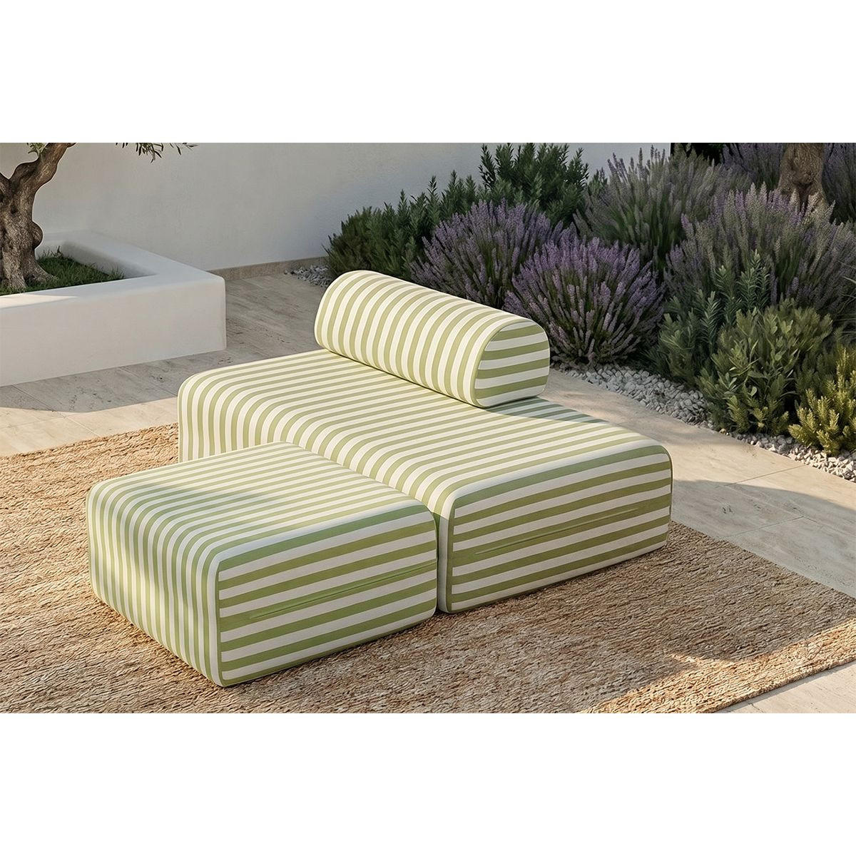 OUTDOOR-POUF mit Streifen, weiß und anisgrün - Hellgrün, Textil (95/42/95cm)