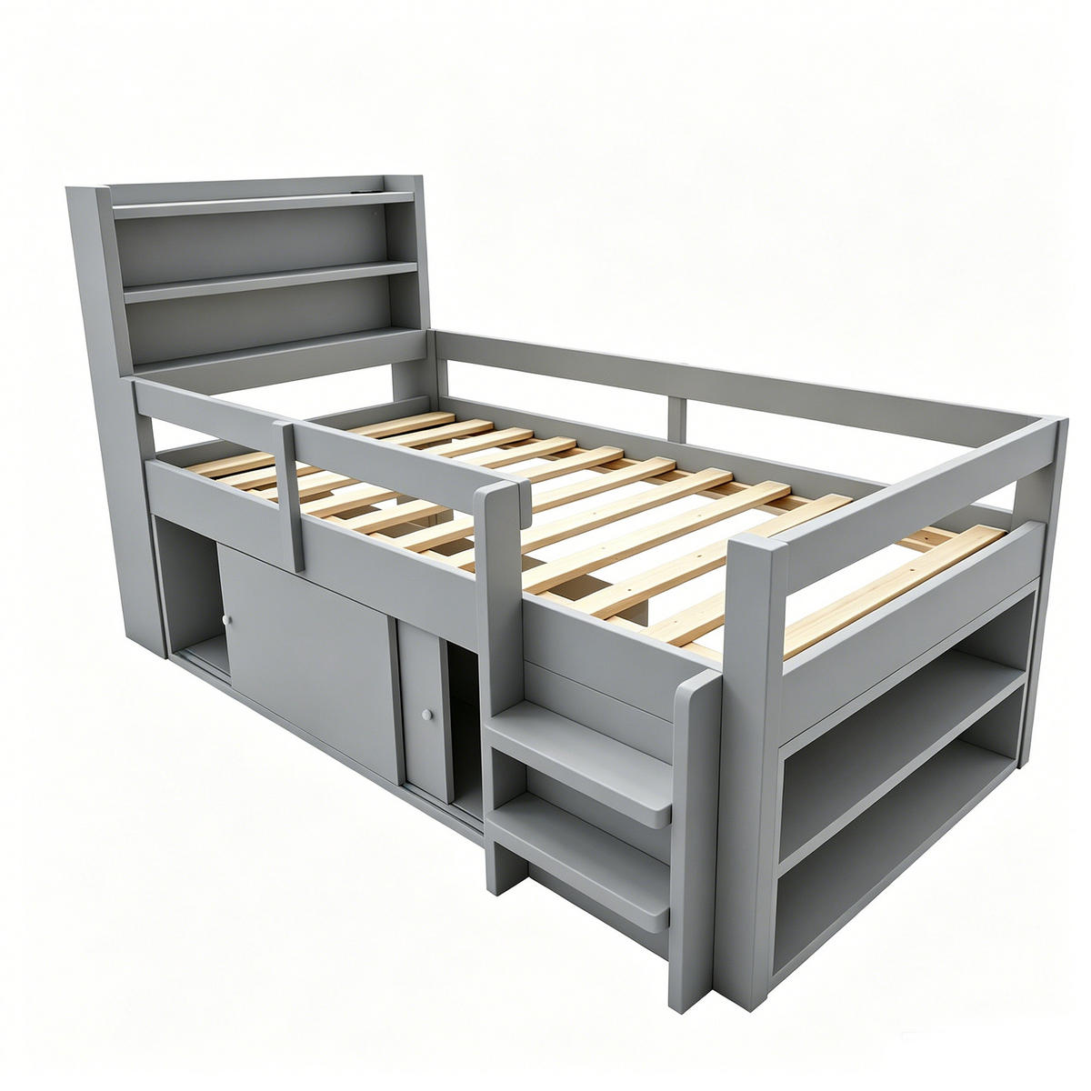 HOCHBETT 90/200 cm in Grau mit Ablageflächen, Stauraum, LED und USB - Grau, Holzwerkstoff - STILVORA