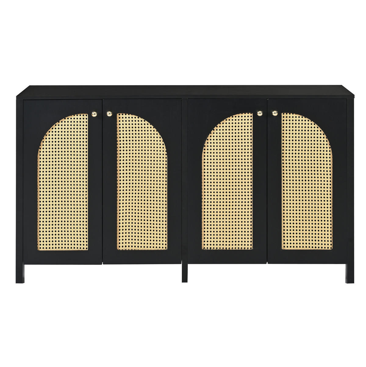 SIDEBOARD aus MDF 145x80x40 cm Schwarz mit 4 Türen aus PE-Rattan, Metallgriffen und verstellbaren Einlegeböden - Schwarz, Holzwerkstoff (145/40/80cm) - Modfu