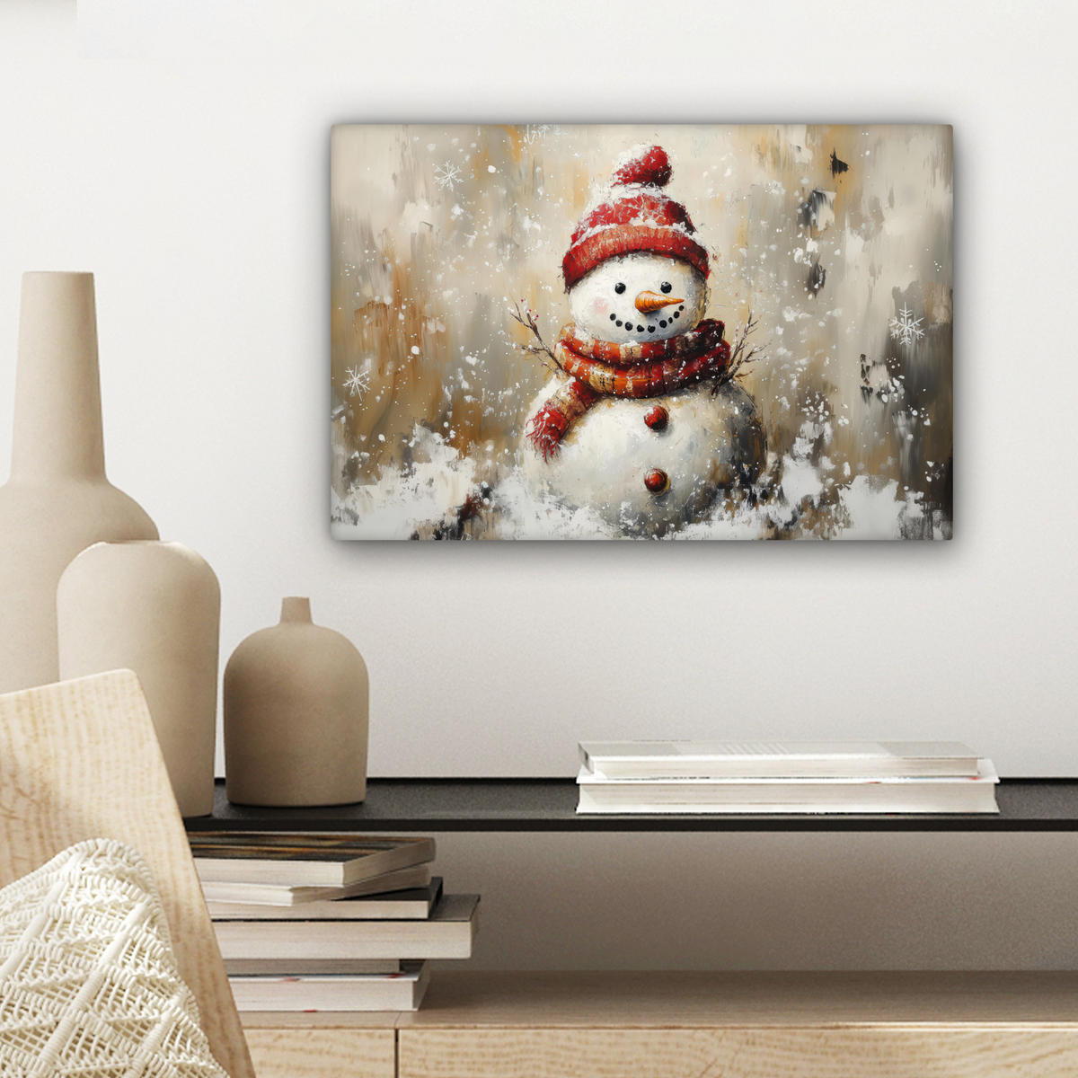 LEINWANDBILD Schneemann - Winter - Schnee - Beige Deko Schlafzimmer 30x20 cm - Weiß, Textil (30/20cm) - MuchoWow