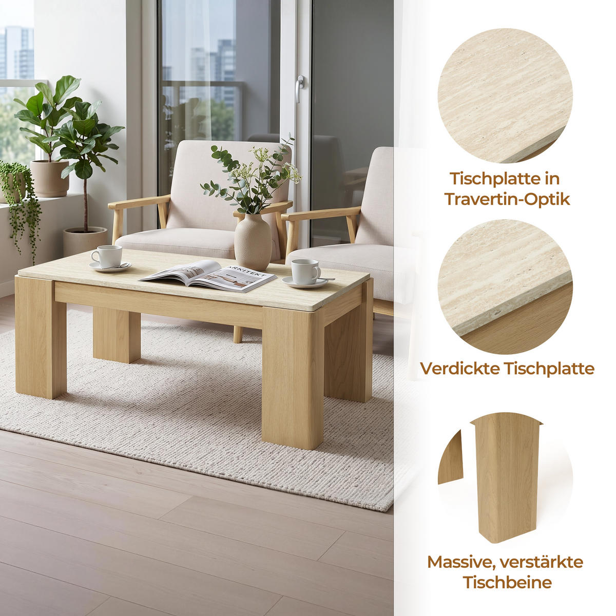 COUCHTISCH Holz mit Marmor Optik & Travertin-Optik, 100 × 54 × 40 cm - Eichefarben, Holzwerkstoff (54/100/40cm) - Hometopia