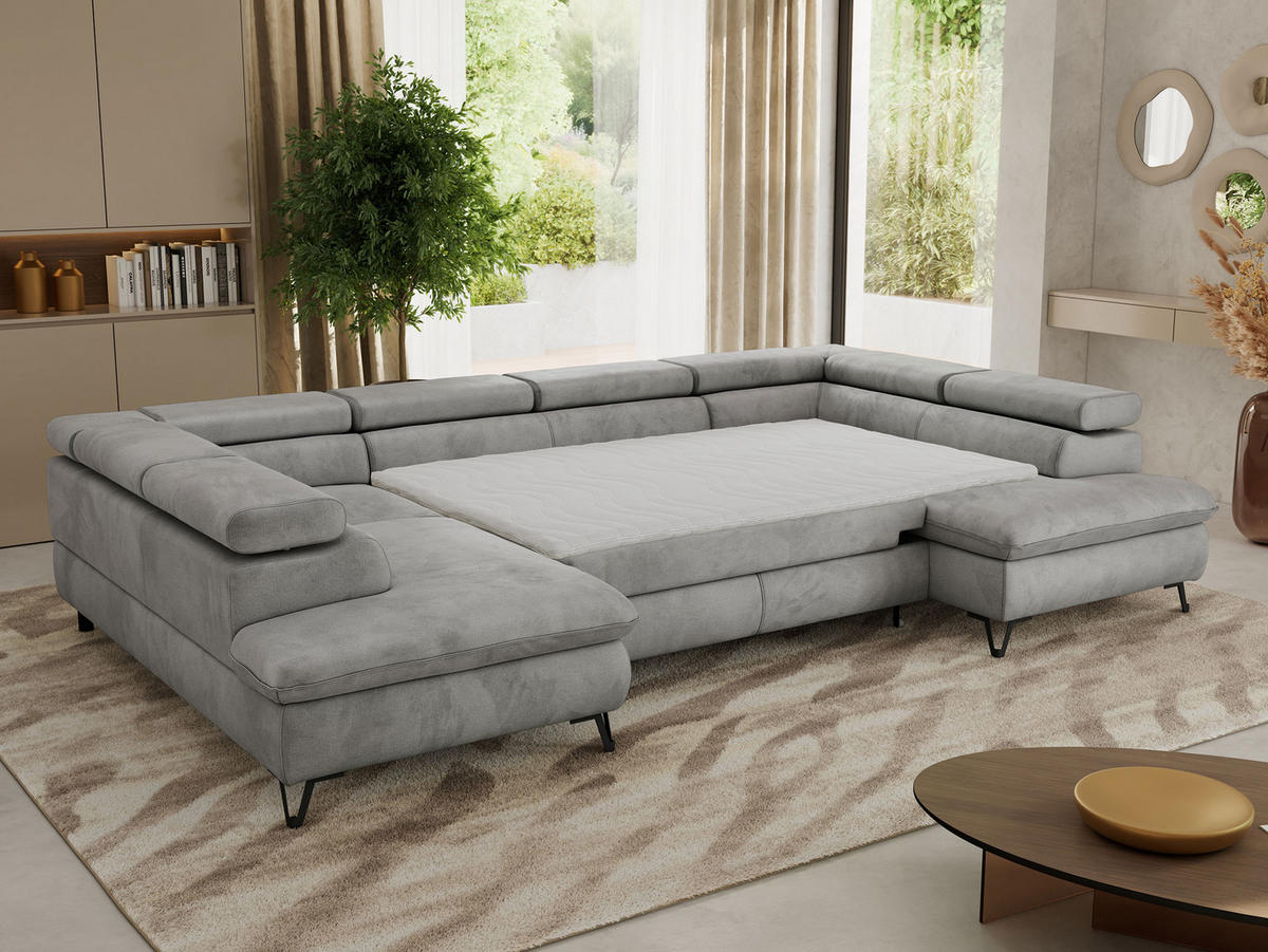 WOHNLANDSCHAFT PABLO U Velvet Hellgrau mit Topper Visco - Hellgrau/Schwarz, Textil/Metall (346/76/208cm) - MKS