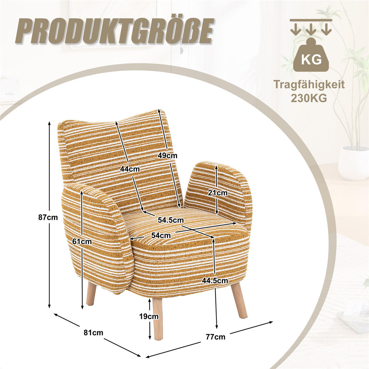 SESSEL Kreismuster Stoff Massivholzbeine Lesesessel - Gelb, Textil (77/87/81cm) - Kaket