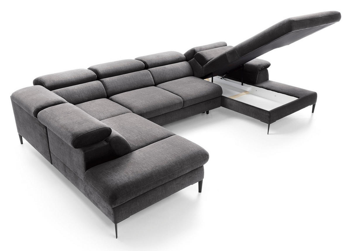 ECKSOFA U-Form 350 cm Amaro M mit Schlaffunktion, Rechts, Grau - Grau, Holz (353/214cm) - Emporius