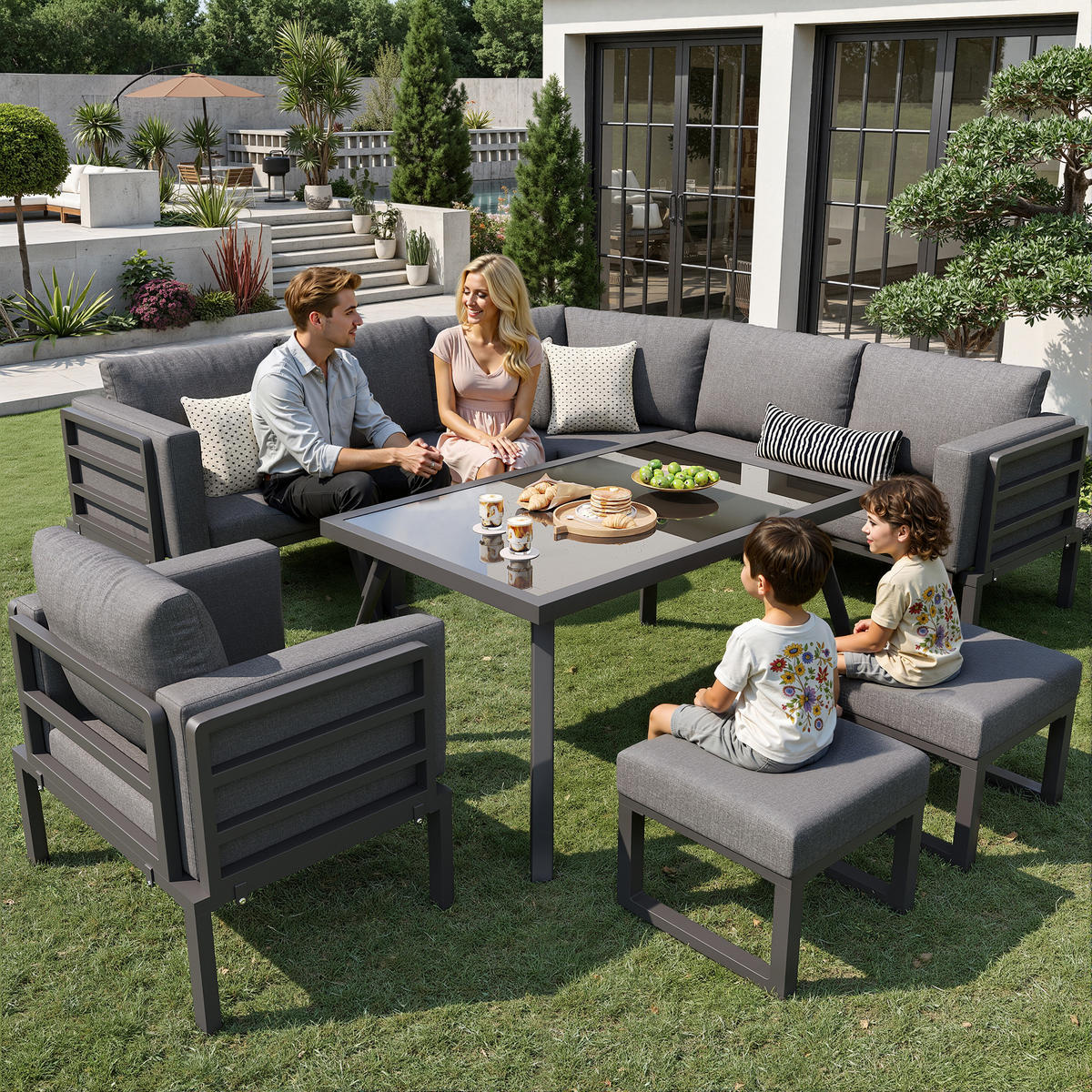 GARTENLOUNGE-SET mit Stahlrahmen & Glastisch, 3 Sofas, Sessel, 2 Hocker, 114/60/77 cm, Grau - Grau, Metall - Redom