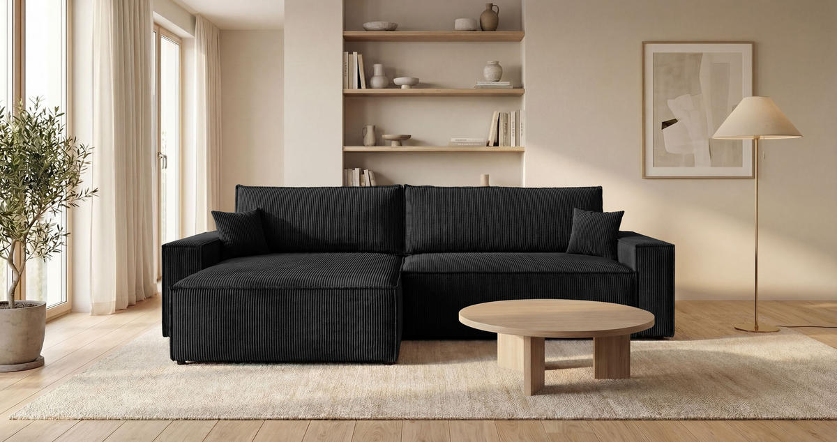 ECKSOFA VIENNA links schwarz Cord Poso 135 - Schlaffunktion, Bettkasten - Schwarz, Textil (285/185cm) - Cornero