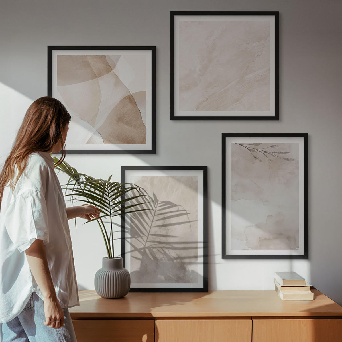 WANDBILDER 4er-Set - 50x50 cm & 40x60 cm Schwarzer Rahmen - Aquarellfarben, Boho-Texturen - Schwarz, Kunststoff (50/50cm) - ArtPrintCave