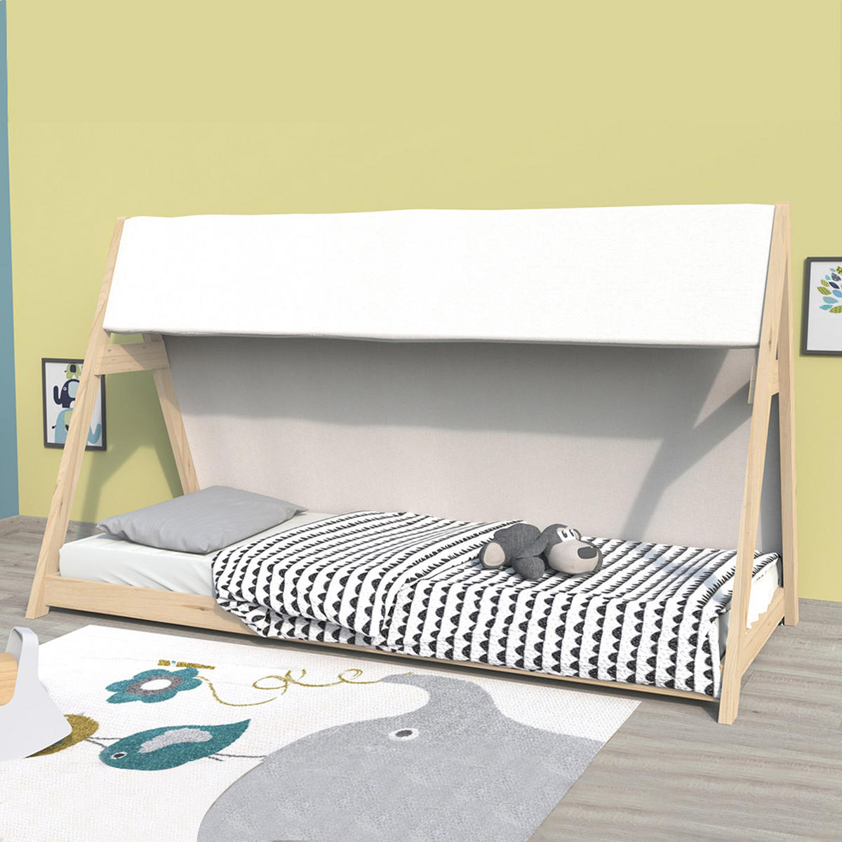 HAUSBETT TIPI / Kinderbett 90x200 mit Stoff und Lattenrost - Naturel - Naturfarben, Holz (90/200cm) - Weber Industries