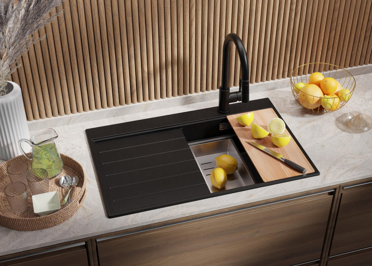 SPÜLBECKEN Sydney, 2-er set Schwarz 78/50 cm 1 Becken + Ablauf-Set + Küchenzubehörset ab 45er Unterschrank - Chromfarben/Beige, Kunststoff (78/20/50cm) - Primagran