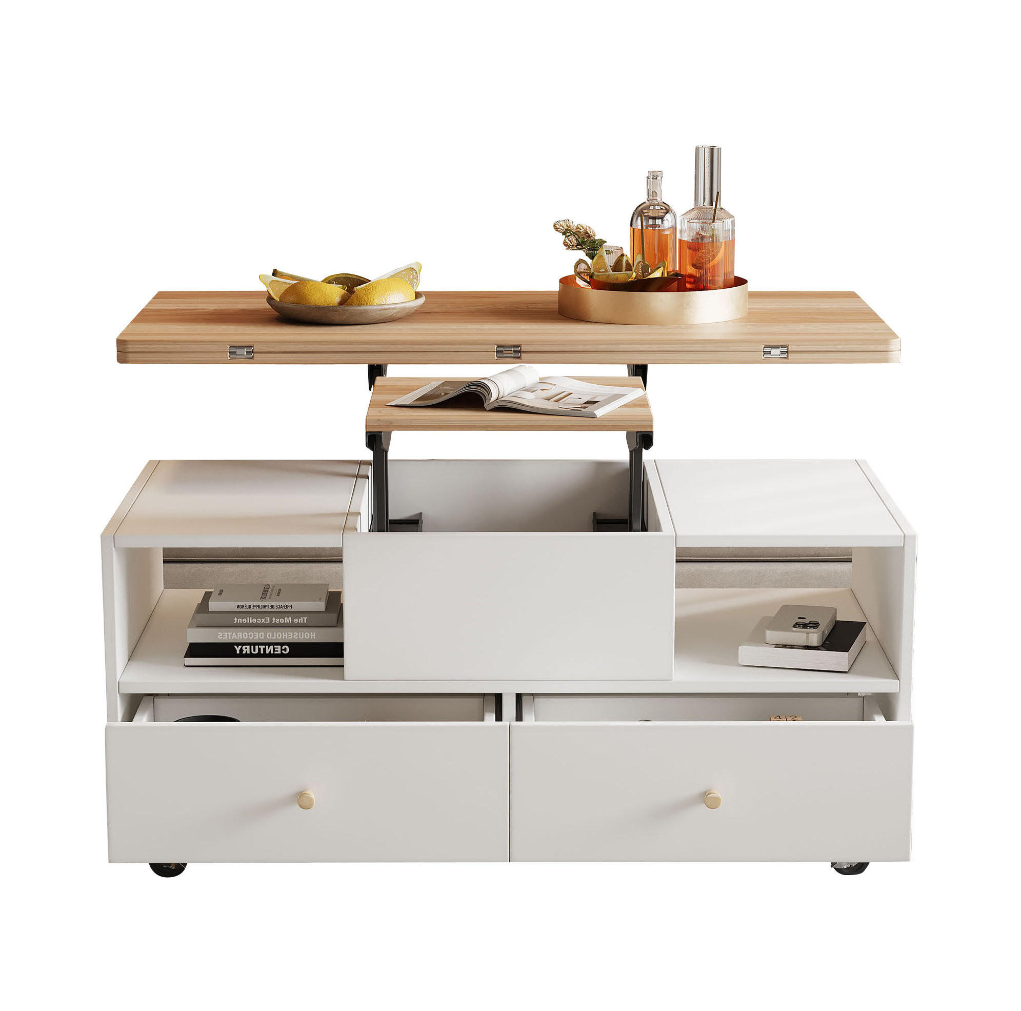 OKWISH KONFERENČNÍ stolek 100/50/47,5 cm bílá a přírodní z MDF s výklopnou a výškově nastavitelnou deskou