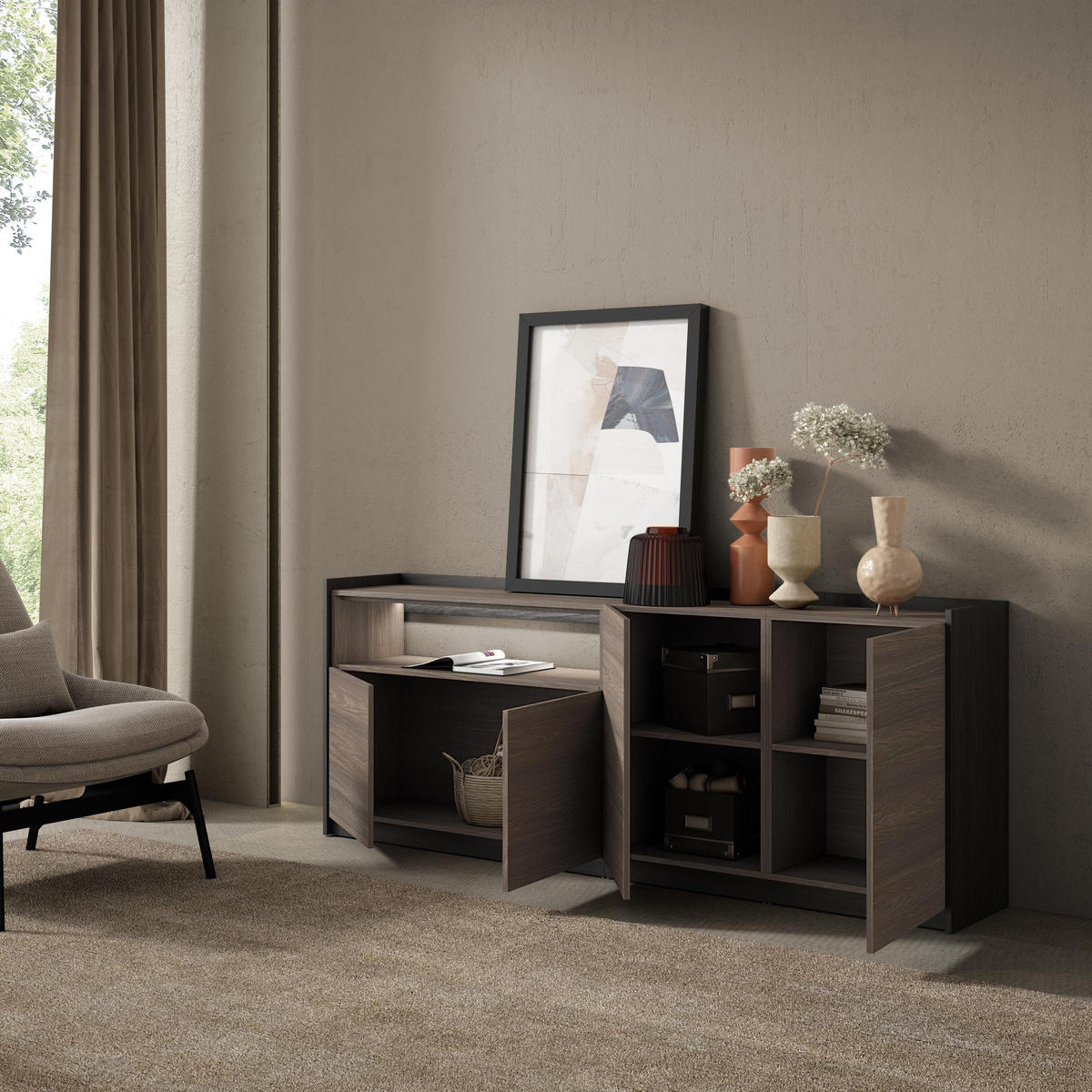 SIDEBOARD, Dunkler Eiche und Schwarz, 207/37/80cm, mit Led - Dunkelbraun, Holzwerkstoff (207/80/37cm) - Skraut Home