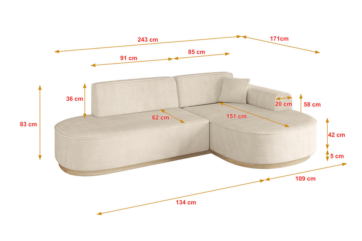 ECKSOFA Ottomane Rechts MARI-L1-v1 - 243x171x83 cm Beige Cord - Beige, Holzwerkstoff/Textil (171/243cm) - ALTDECOR
