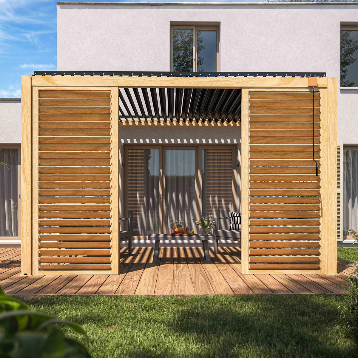 PERGOLA bioklimatisch mit 2 Trennwand, Holzfarbe und Grau - Eichefarben, Metall (304/258/404cm) - Oviala