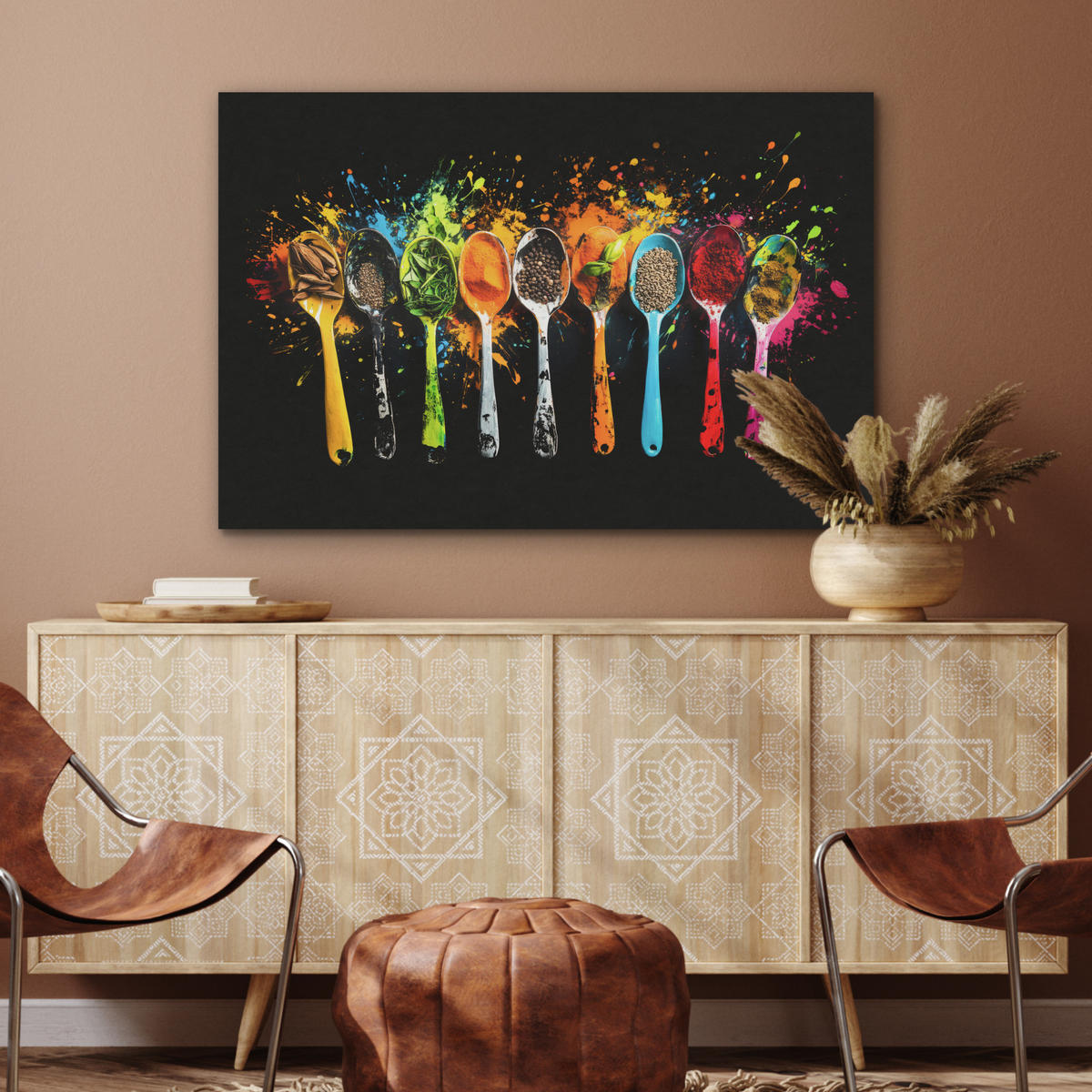 AKUSTIKBILD Löffel - Gewürze - Modern - Graffiti - Farbe - Farbenfroh Wandbild Wohnzimmer 100x70 cm - Multicolor, Textil (100/70/0.9cm) - MuchoWow