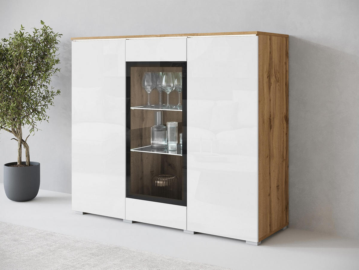 KOMMODE Vera 120 mit weißer LED Beleuchtung - Weiß Hochglanz/Silberfarben, Holzwerkstoff/Kunststoff (120/104/40cm) - MIRJAN24