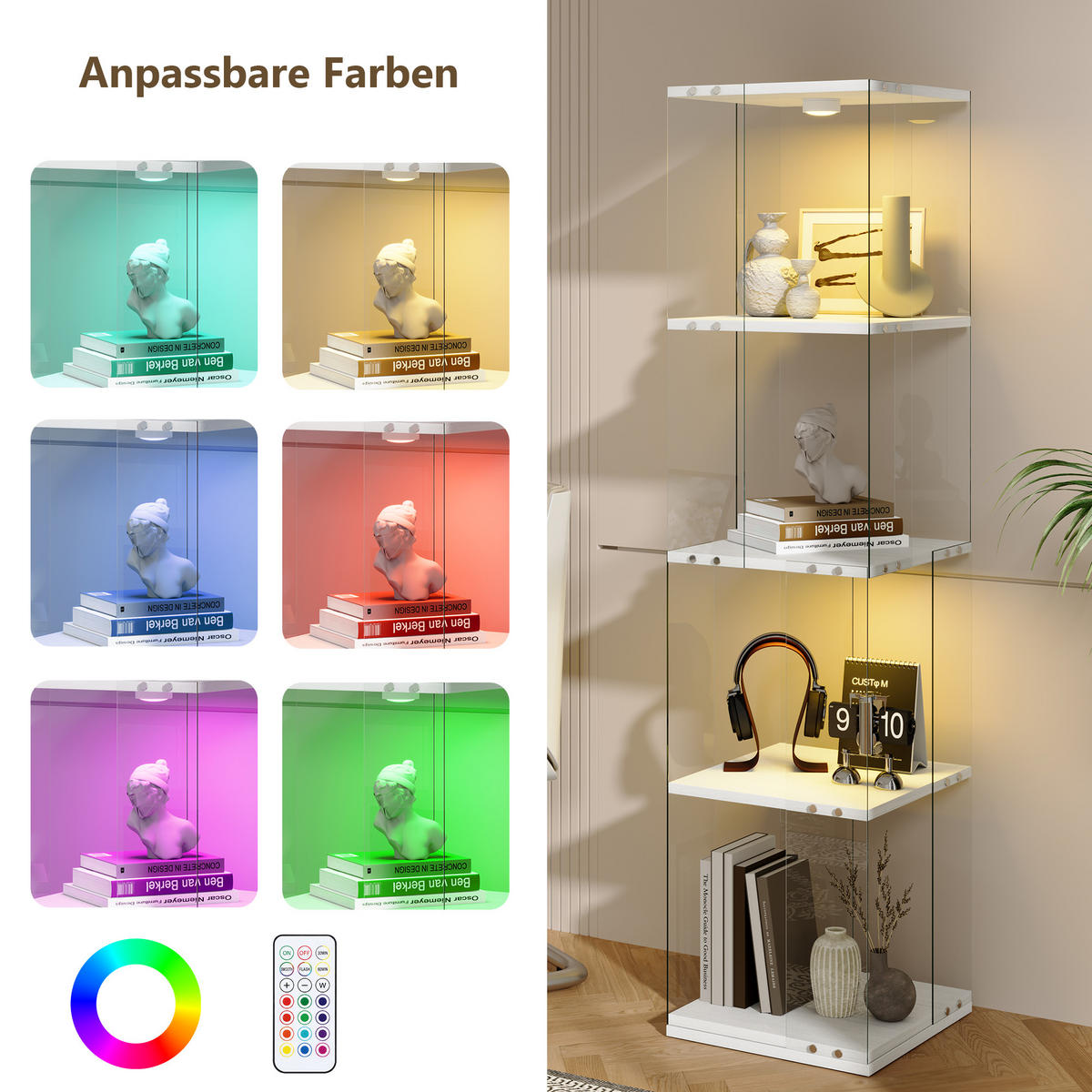 DREHVITRINE 360° mit RGB LED, 4 Ebenen, Glasvitrine weiß für Deko - Weiß, Glas (38/160/38cm) - SHOPENTRA