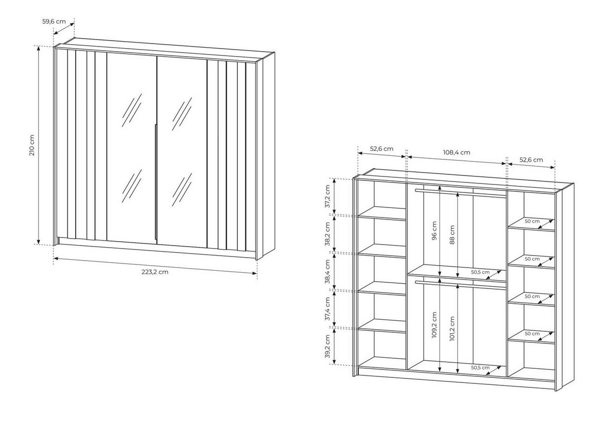 DREHTÜRENSCHRANK mit Spiegel Resta, 223 cm, 4 Türen, Eiche Dunin - Eichefarben, Holz (223/210/60cm) - Emporius