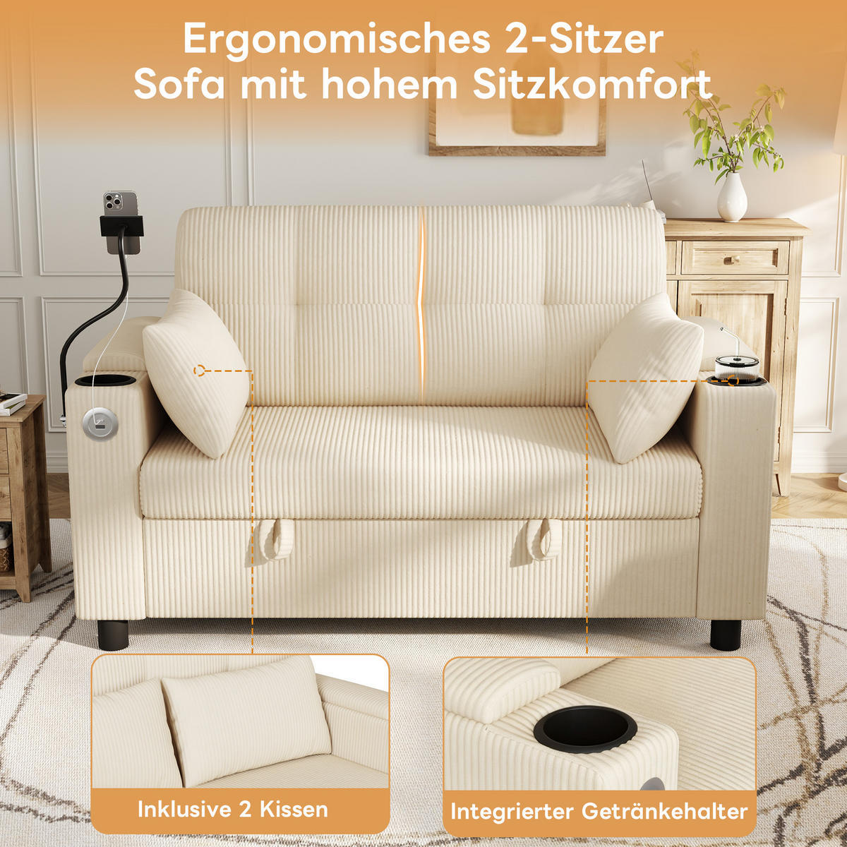 SOFA 2-Sitzer Beige mit Stauraum und Ladeanschlüssen, Cord - Beige/Schwarz, Holzwerkstoff/Textil (136.5/83.6/79.5cm) - CHICFURN