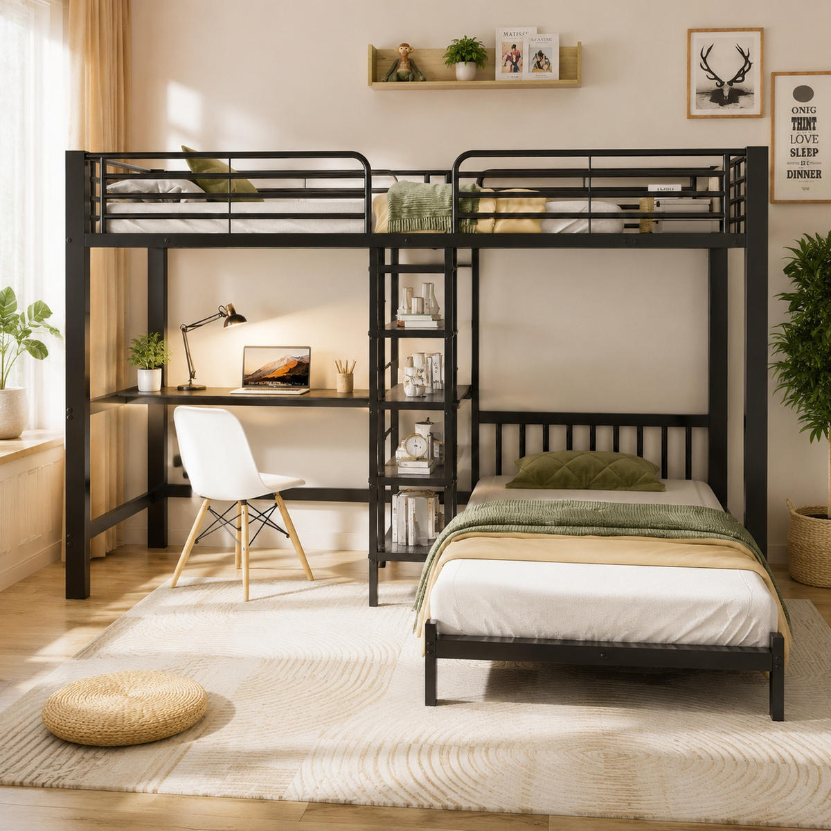 HOCHBETT 90/200 cm mit Schreibtisch und USB, DE-41975, in Schwarz - Schwarz, Metall (90/200cm) - ComfortXL