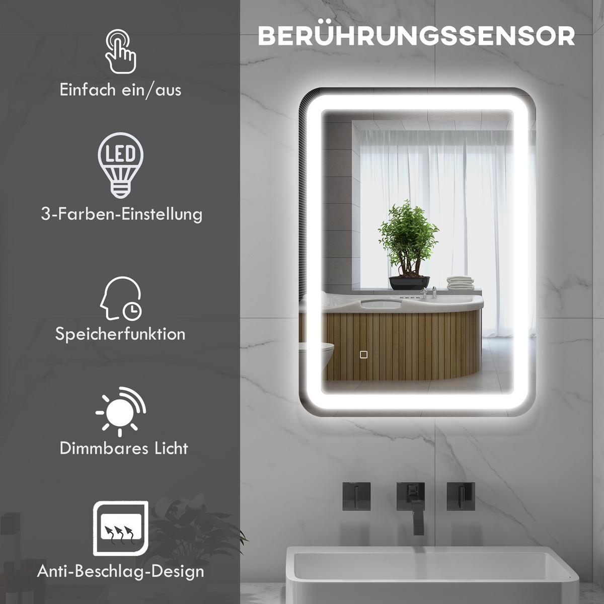 BADSPIEGEL, 50 x 70 cm LED Badezimmerspiegel mit 3 Lichtfarben, Wandspiegel - Silberfarben, Glas (70/4/50cm) - HOMCOM