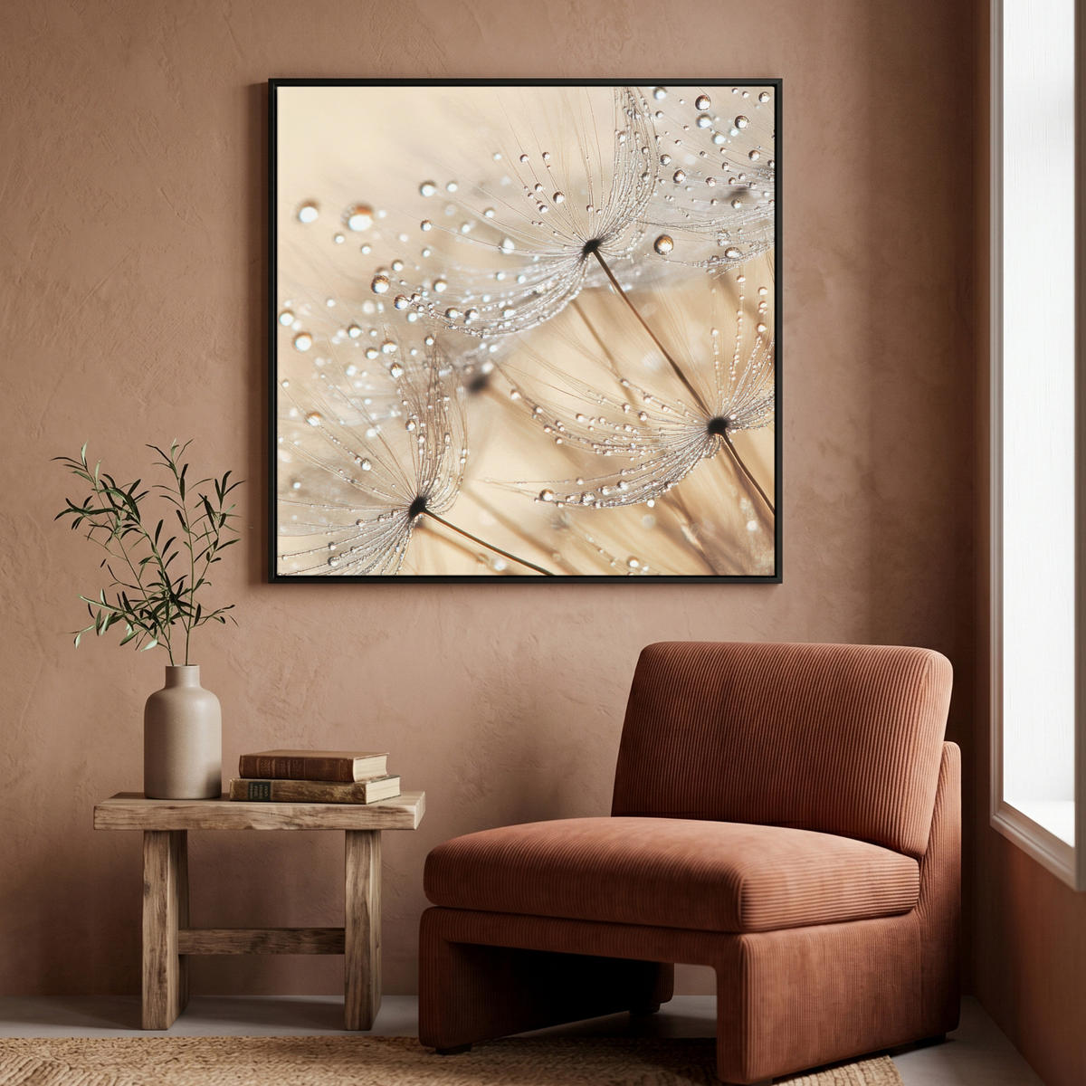 LEINWAND Bilder mit Rahmen - Löwenzahn - Abstrakt - Natur - Beige - 90x90 - Braun, Textil (90/90cm) - MuchoWow