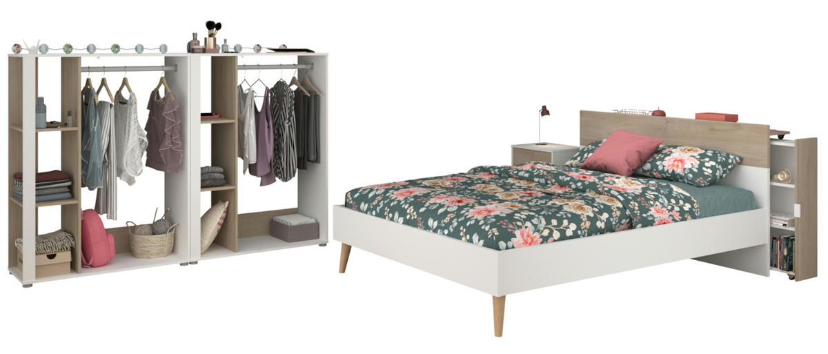 JUGENDZIMMER weiß, Eiche, Komplett-Set 5-teilig mit vielen Fächern - Eichefarben/Weiß, Holzwerkstoff (145/123/206cm) - Parisot Meuble