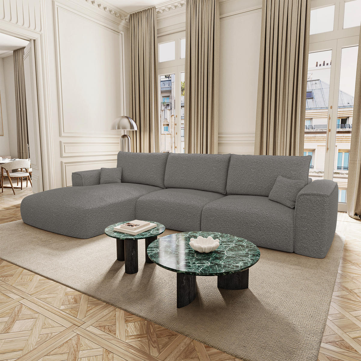 SCHLAFSOFA Express COMO Bouclé-Stoff Graphitgrau 300cm - Dunkelgrau/Graphitfarben, Textil (300/165cm) - Premium Interiors