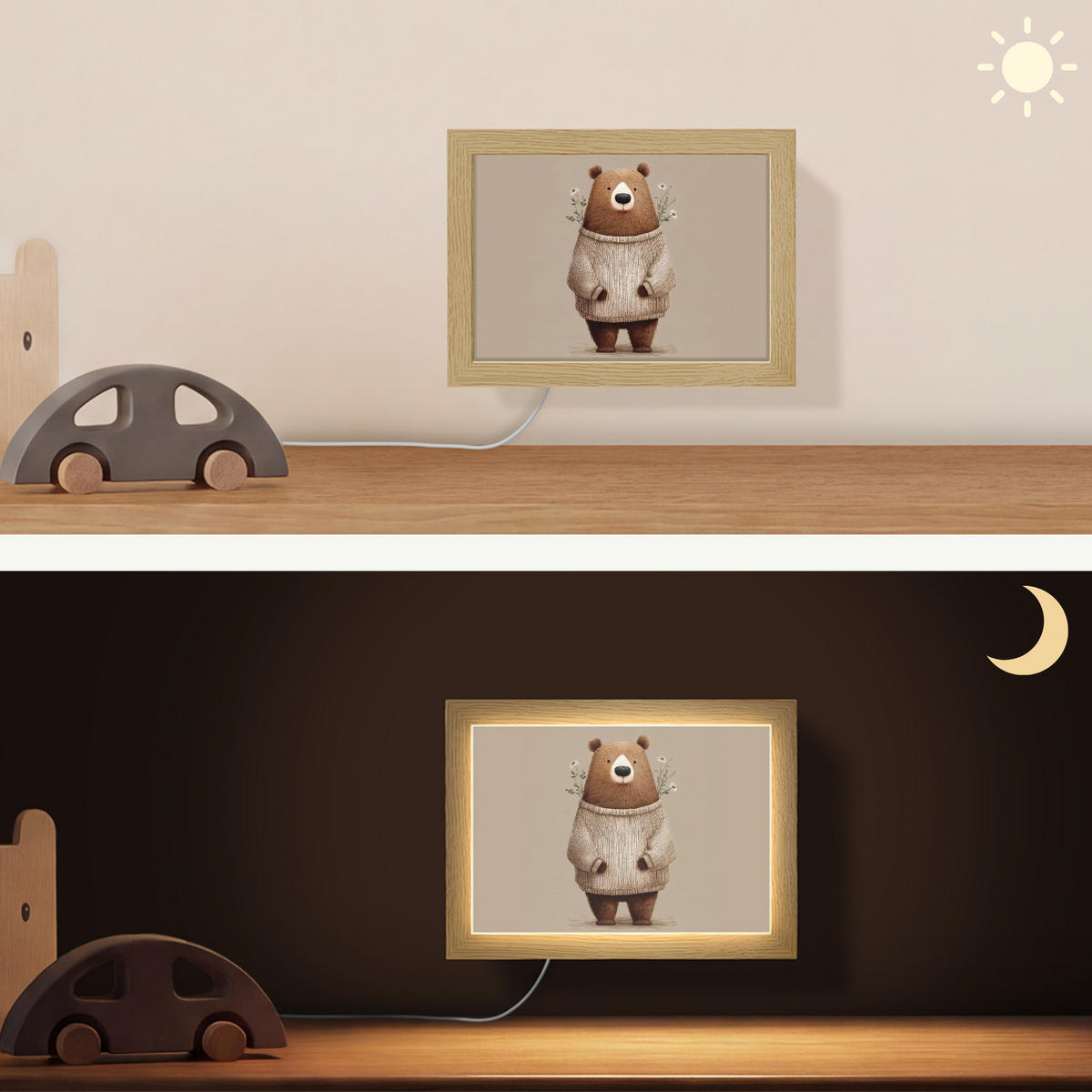 NÁSTĚNNÁ LAMPA Medvěd - Bílé květy - Cosy 20x15 cm - šedohnědá, kompozitní dřevo (20/15/8cm) - OnlyWow