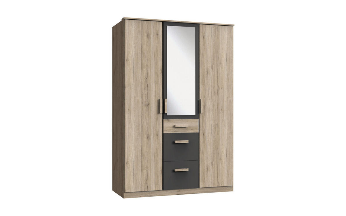 KLEIDERSCHRANK Cariba in Eiche San Remo und Graphit - Drehtürenschrank 3 türig mit Spiegel - Braun, Holzwerkstoff (135/199/58cm)