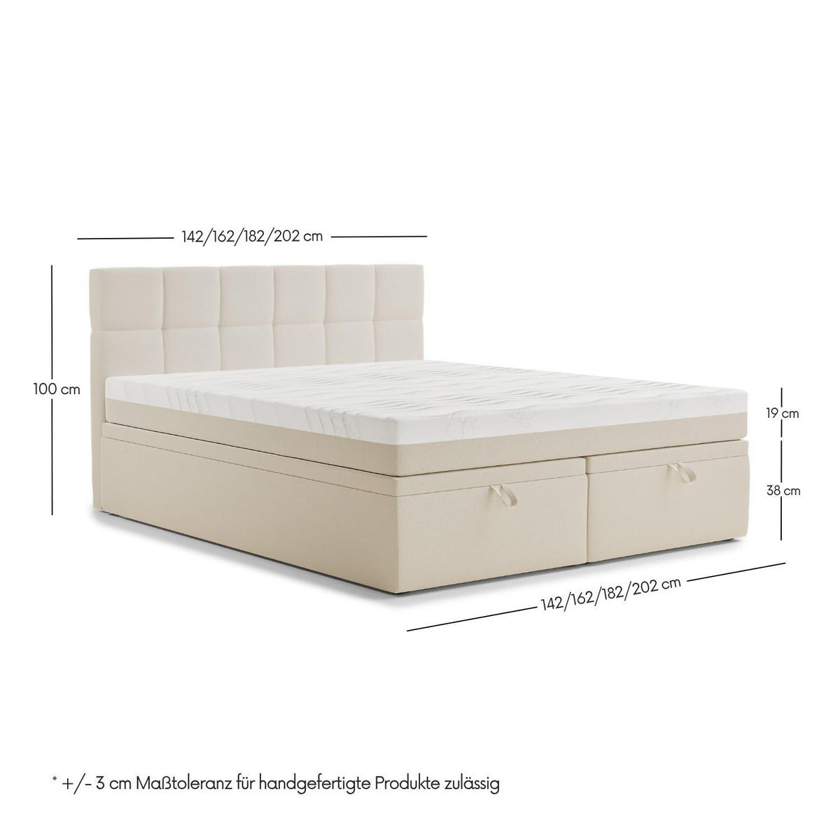 BOXBETT 160/200 cm Gotu S, in Hellbeige, Matratze, gepolstertes Kopfteil, Bettkasten, H3 = fest - Beige/Schwarz, Holz/Holzwerkstoff (160/200cm) - Maison de Reve
