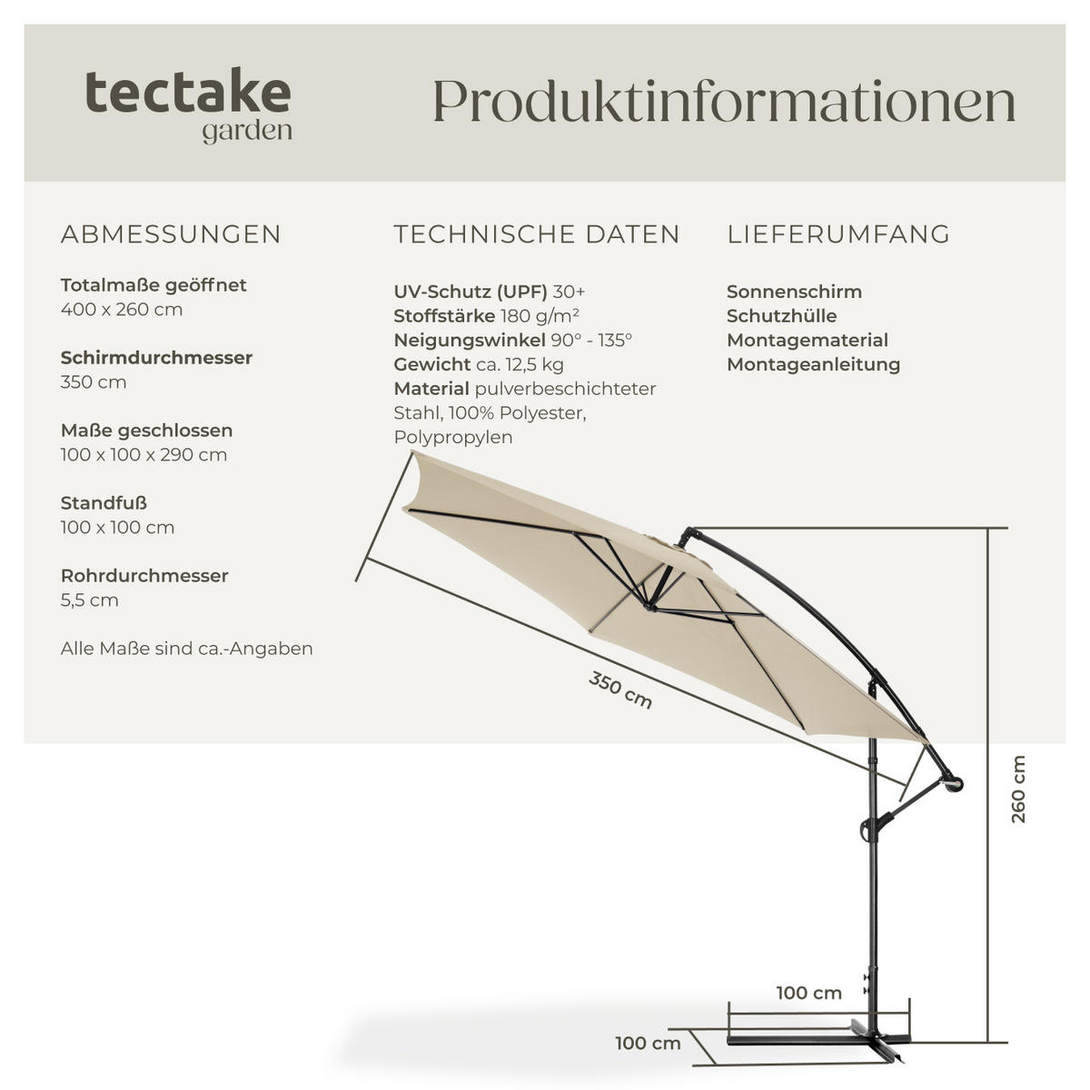 SONNENSCHIRM Ciccio, inklusive Schutzhülle, beige - Beige, Textil (350/350cm) - tectake