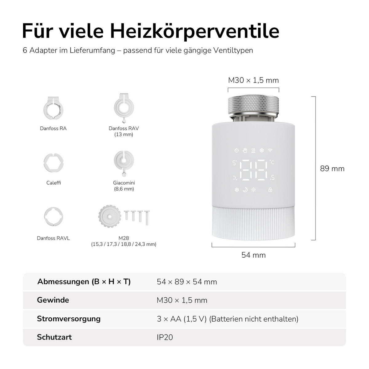 TERMOSTAT ZA RADIJATOR Wi-Fi, M30 × 1,5 mm, pametni 6/9/6 cm - bijela, plastika (5.4/8.9/5.4cm) - EMKE