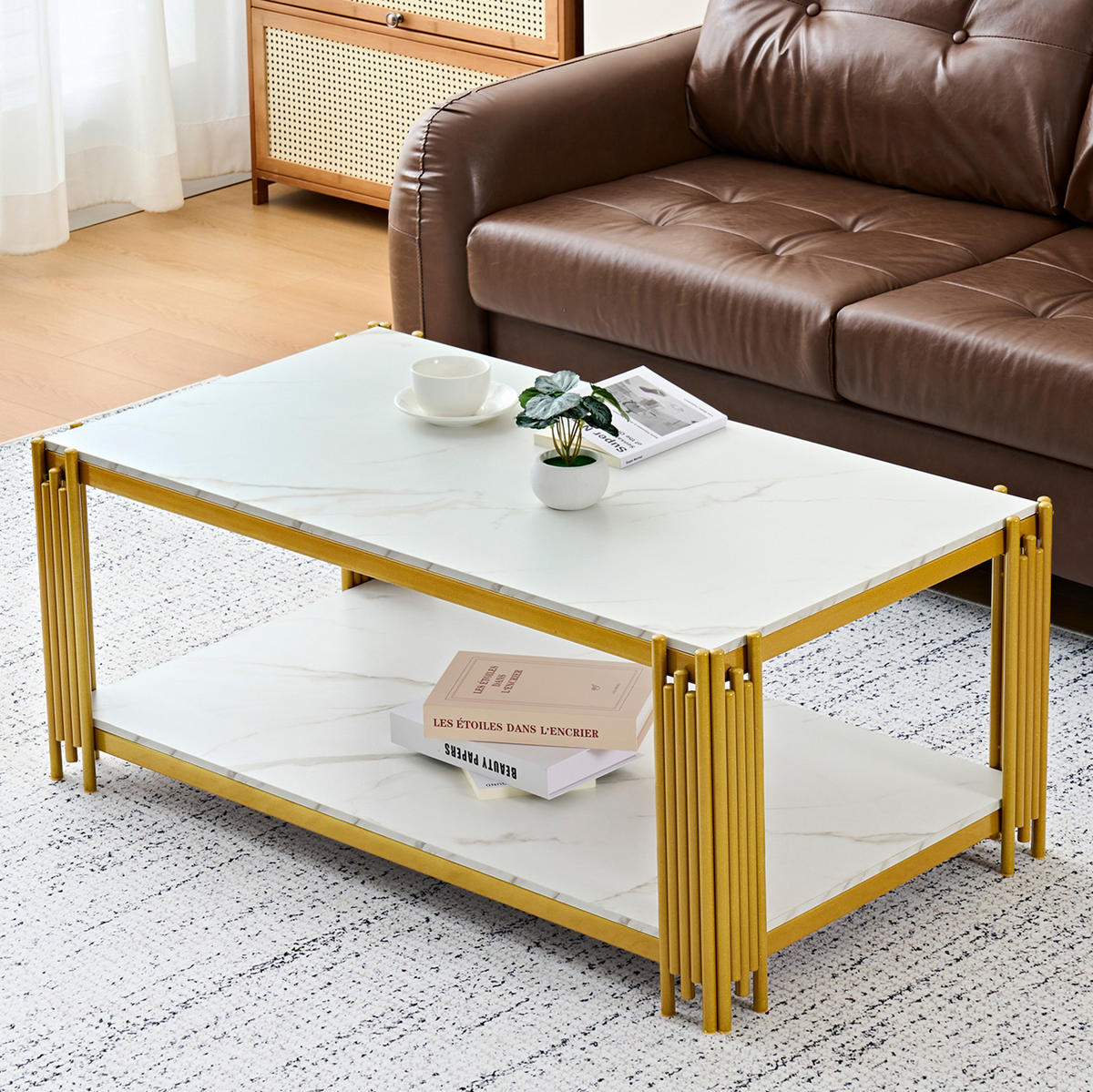 COUCHTISCH 114/64/46 cm mit 2 Ablagen und Metallgestell in Marmoroptik, Weiß/Gold - Weiß, Holzwerkstoff (114/64/46cm) - Redom