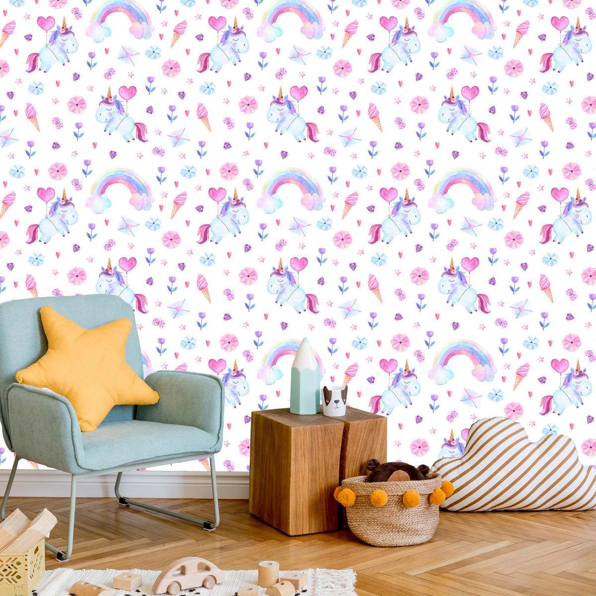 VLIESTAPETE Einhörner und Regenbogen – Rosa, Blau, Weiß – 50x1000 cm - Blau/Rosa, Papier (50/1000cm) - Muralo
